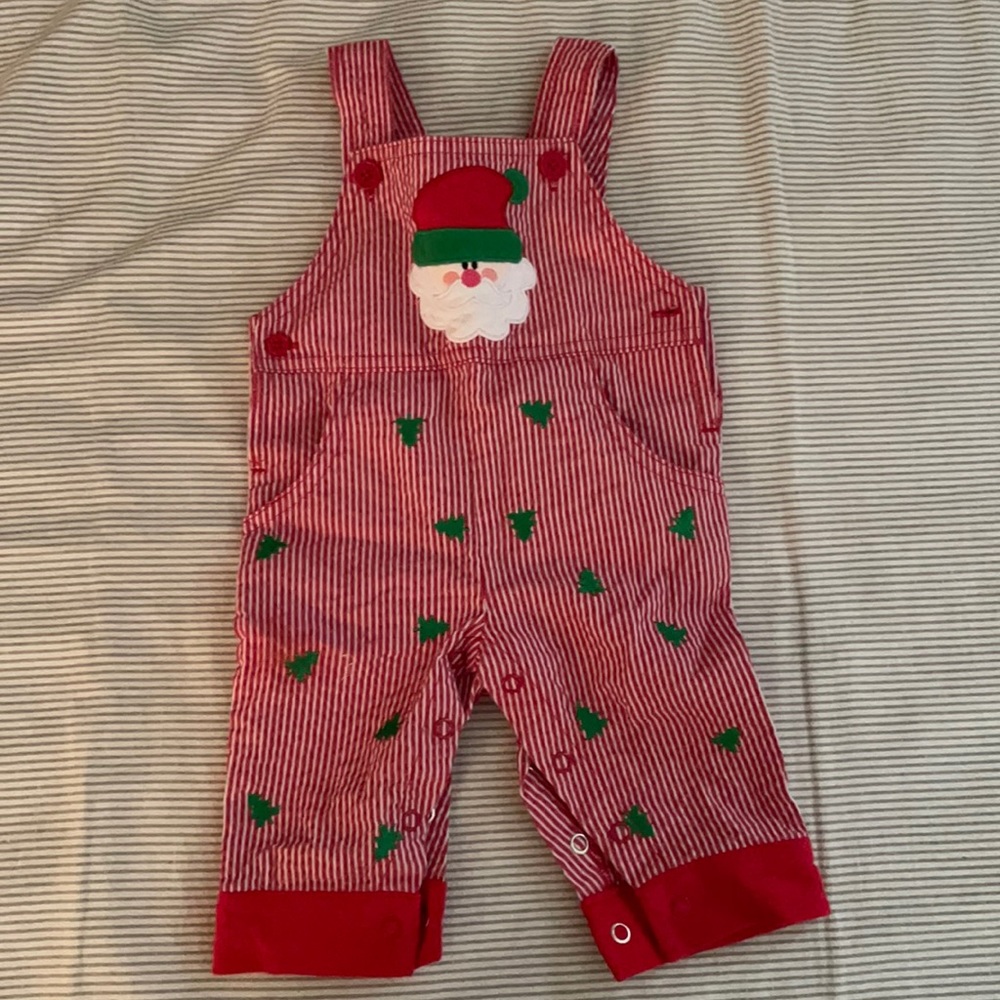 Bumble and birdie seersucker Christmas overalls
